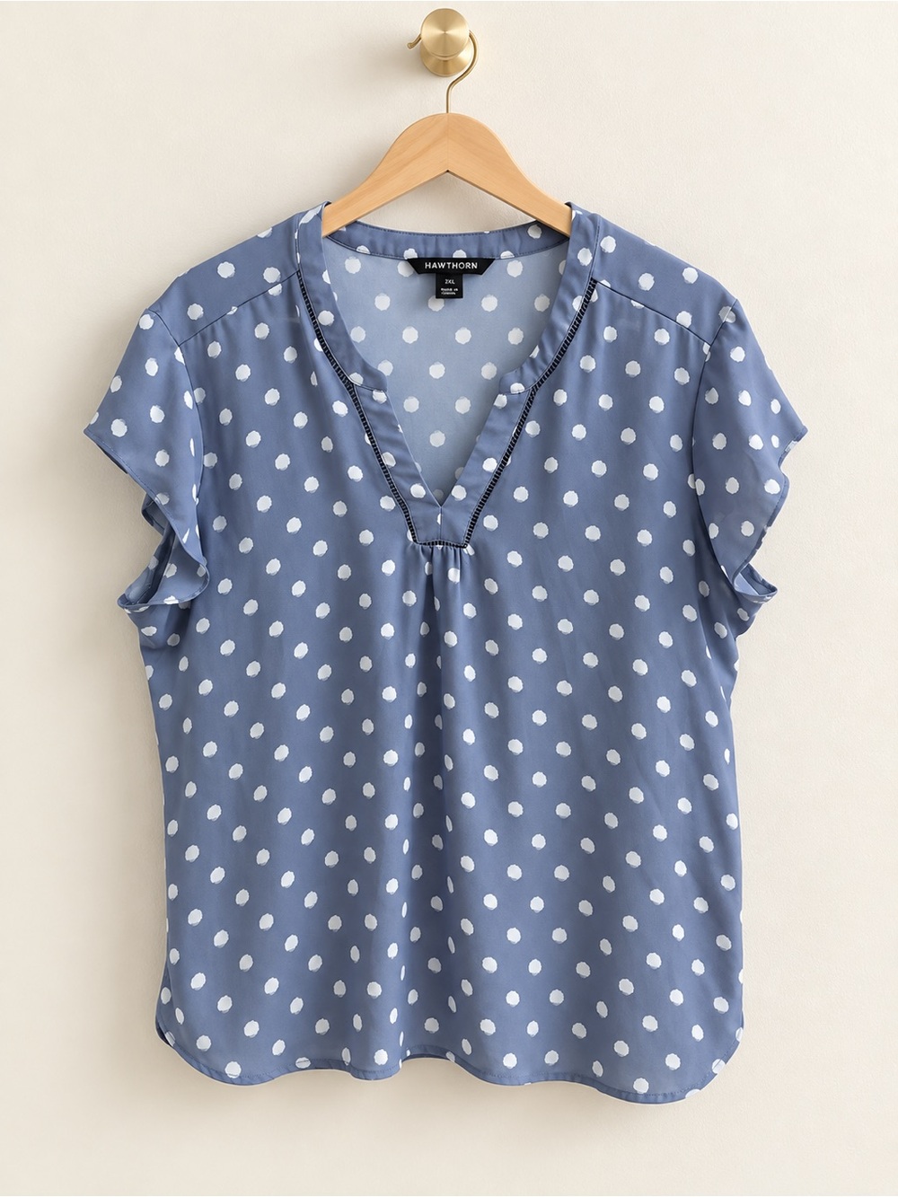 41 Hawthorn Blue White Polka Dot Flutter Sleeve Blouse Size XL